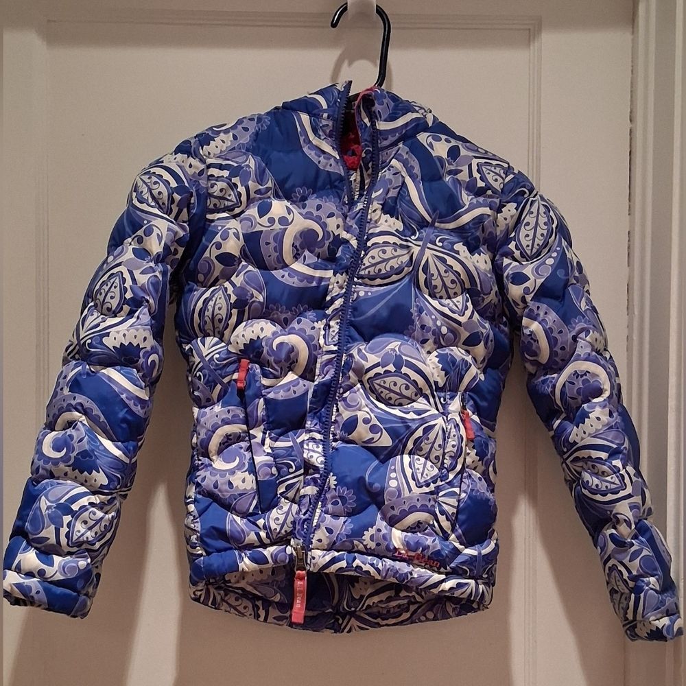 L.L. Bean Kids Blue and White Patterned Puffer Jacket